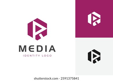 Play Media Logo with letter R Play button and hexagon graphic symbol for multimedia vector logo illustration