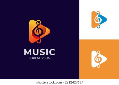 play media music logo icon design. with play button and clef element design concept. music logo design vector illustration