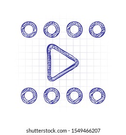 Play movie, linear outline icon. Hand drawn sketched picture with scribble fill. Blue ink. Doodle on white background