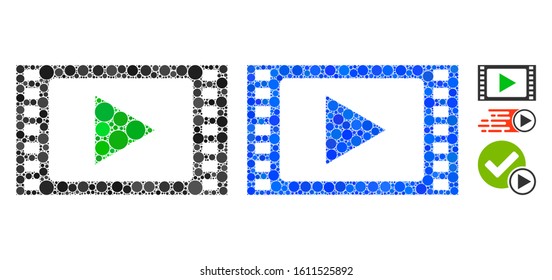 Play movie mosaic of round dots in various sizes and color tones, based on play movie icon. Vector round dots are composed into blue collage. Dotted play movie icon in usual and blue versions.