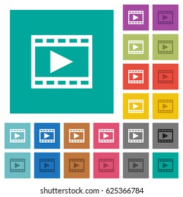 Play movie multi colored flat icons on plain square backgrounds. Included white and darker icon variations for hover or active effects.