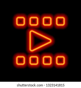 Play movie, watch film, photo strip, media icon. Orange neon style on black background. Light icon