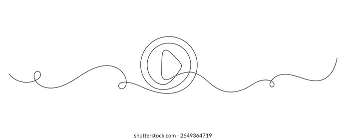 Play multimedia icon in one continuous line. Minimalist vector outline of play button symbol. Linear media sign for apps, UI, streaming, or digital design. Hand drawn single line illustration.