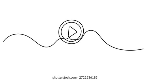 Vector de dibujo continuo de línea de signos multimedia. Una línea de juego, fondo de Vector multimedia. Reproducir, icono multimedia. Esquema continuo de Play, multimedia.