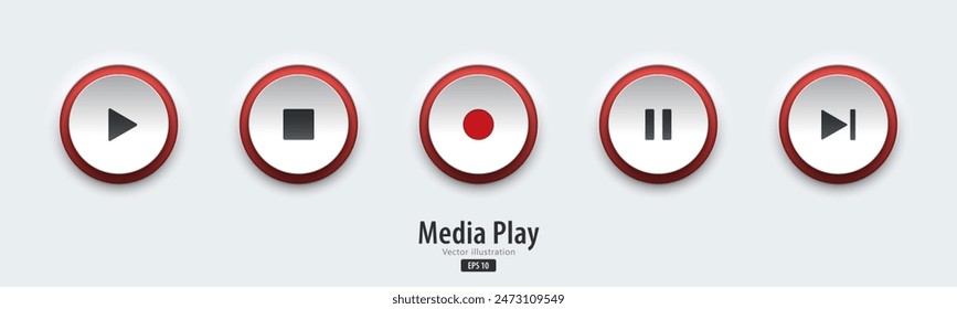 Multimedia-Zeichen abspielen. Eine Reihe von Schwarzweiß-Push-Buttonen mit Multimediasymbolen. 3D-Neumorphismus-Design-Stil für App, Websites, Interfaces und mobile App. UI UX. Vektorillustration.