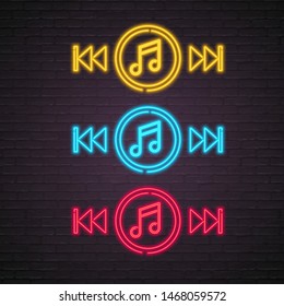 Play Music Buttons Icon Set Neon Light Glowing Vector Illustration