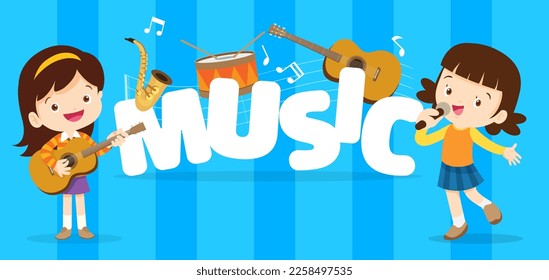 Play music concept of children group.Cartoon dancing kids and kids with musical instruments.cute child musician various actions playing music.around big Letter.