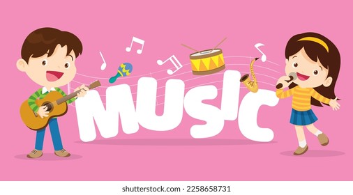 Play music concept of children group.Cartoon dancing kids and kids with musical instruments.cute child musician various actions playing music.around big Letter.