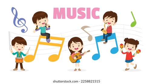 Reproducir el concepto musical del grupo de niños. Niños bailando dibujos animados y niños con instrumentos musicales. Lindo músico infantil varias acciones tocando música. Alrededor de la carta grande.