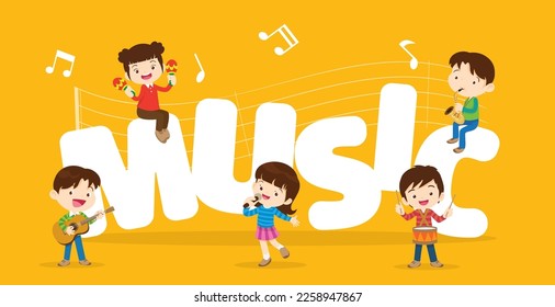 Play music concept of children group.Cartoon dancing kids and kids with musical instruments.cute child musician various actions playing music.around big Letter.