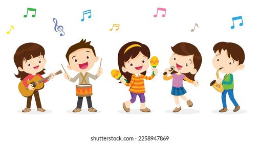 Play music concept of children group.Cartoon dancing kids and kids with musical instruments.cute child musician various actions playing music.around big Letter.