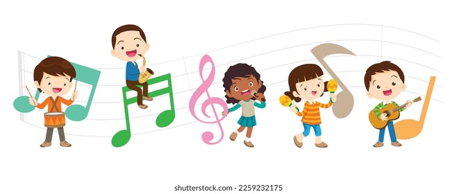 Play music concept of children group.Cartoon dancing kids and kids with musical instruments.cute child musician various actions playing music.around big Letter.