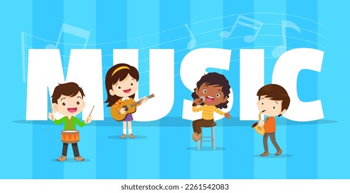 Play music concept of children group.Cartoon dancing kids and kids with musical instruments.cute child musician various actions playing music.around big Letter.