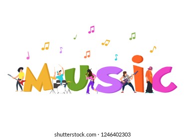 Play music concept of group. cartoon people sing, dance and play instruments around the giant word music. Vector illustration in flat style isolated on white background.