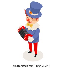 Play music harmonic accordion clown isometric circus fun joke party character isolated cartoon design vector illustration