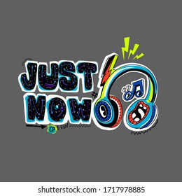 Play music just now. Cartoon teenagers illustration with headphones. 
