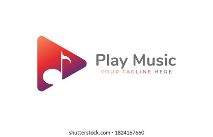 Play music logo design. Play symbol with musical note flat vector logo design. Isolated on white background. Usable for studio, shop, app, dj and business logo.