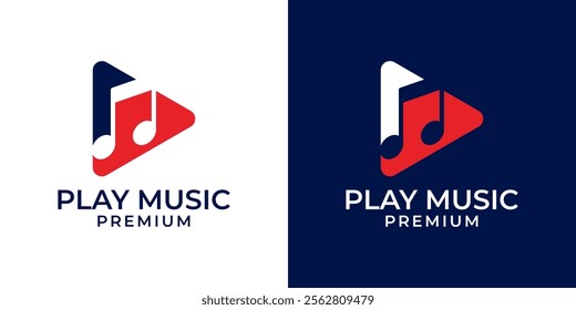 Play music logo design vector template. Play logo with music note icon logo design. Vector logo template of music, play, note, streaming, online, live, media, video, production, modern, simple.