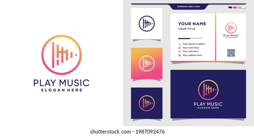 Play music logo initial letter M with line art style and circle concept and business card design Premium Vector