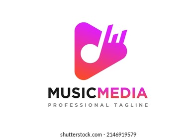 Play Music Media Logo Design vector icon symbol illustration, this is a play button with music icon and beat with colorful gradients looks very creative. This is a very good logo for any music media.