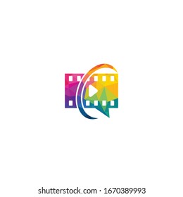 Play music sound button and video film strips logo vector template.