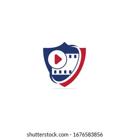 Play music sound button and video film strips logo vector template.