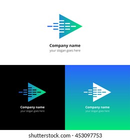 Play music sound and equalizer beat fast motion flat logo icon vector template. Abstract symbol and button with blue-green gradient for music service or company.