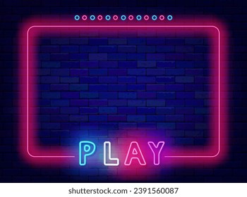 Play neon banner. Space for text. Colorful handwritten text. Night show and start advertising. Game design. Pink frame with circles. Competition and concert. Glowing poster. Vector stock illustration
