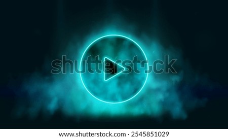Play neon button on smoky background. Glowing futuristic and technology start video sign.  Multimedia icon. Vector illustration 