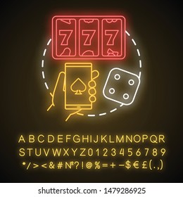 Play neon light concept icon. Slots machine, one armed bandit games idea. Gambling addiction. Games of chance. Mobile casino and betting. Glowing alphabet, numbers. Vector isolated illustration