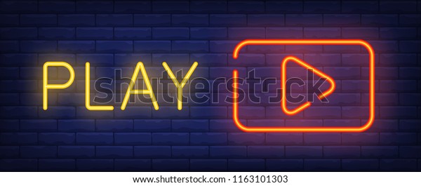 Play neon sign. Red play button on brick wall\
background. Vector illustration in neon style for video content and\
footages