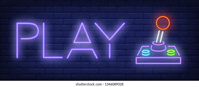 Play neon text with retro joystick. Video game and entertainment design. Night bright neon sign, colorful billboard, light banner. Vector illustration in neon style.