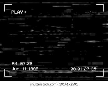 Play noise and glitch TV screen background, VHS tape video effect, vector. White noise on television display or camera viewfinder frame, digital pixel static error, glitch playback cassette distortion