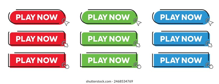 Play Now Button with Click cursor. Modern Simple web action button with click cursor or arrow pointer vector illustration set