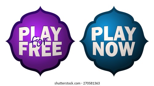Play Now and Play for Free Glossy Sticker Signs, Vector Illustration isolated on White Background. 