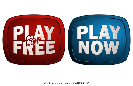 Play Now and Play for Free Red and Blue Glossy Sticker Signs, Vector Illustration isolated on White Background.