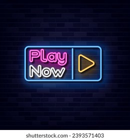 Play Now Neon Text Vector, Neon Sign Symbol, Light banner, Light art