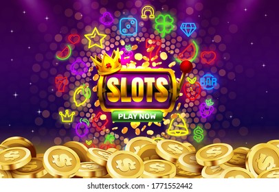 Play Now Slots Neon Icons, Casino Slot Sign Machine, Night Vegas. Vector Illustration