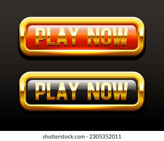 Play now. Two black and red buttons with a golden frame. Vector clipart isolated on dark background.