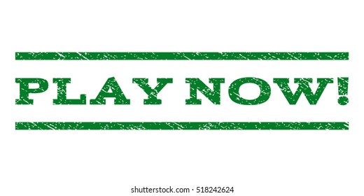 Play Now! watermark stamp. Text tag between horizontal parallel lines with grunge design style. Rubber seal stamp with dirty texture. Vector green color ink imprint on a white background.