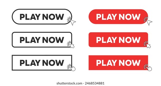 Play Now Web Button in Red Rectangle and outline style. Computer mouse click cursor or arrow pointer symbol