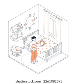 Play in the nursery - modern line design style isometric illustration on white background. Composition with boy with a ball. Bed, star blanket, plush bunny basket, bookshelf, sun, steam locomotive