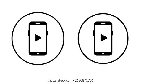 Play on mobile phone screen icon on circle line. Streaming video on cellphone display sign symbol