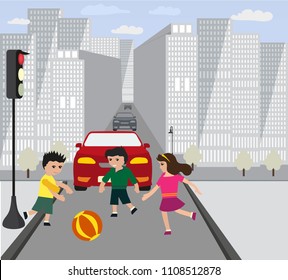 ?hildren play on road while traffic light is red. Dangerous behavior of children, parents do not look after the child