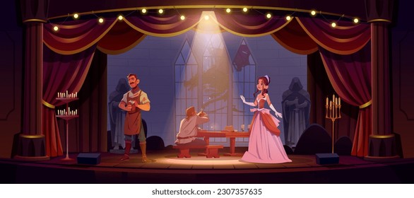 Play on theater stage with curtain cartoon vector background. Theatre or opera drama performance with spotlight on open scene. Actor and actress people and retro theatrical perform on broadway event