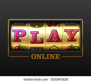 Play Online, slot machine games banner, gambling casino games, slot machine illustration with text Play Online, vector illustration