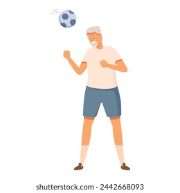 Jugar al aire libre encabezado de fútbol icono de dibujos animados vector. Anciano gran hombre. Ejecutar entrenamiento adulto