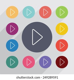 play outline circle, flat icons set. Round colorful buttons 