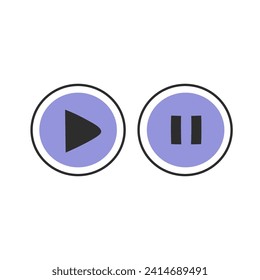 Botones Reproducir y Pausar. Elementos de función redondeados dibujados a mano púrpura modernos. Ilustración vectorial. Diseño de interfaz para vídeo y audio.