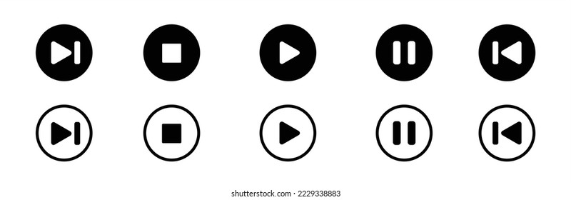 Play and pause icon set. Media player icon set. Music player icon set. Media player icon collection. Play and pause buttons sign. Play and pause buttons symbol. Vector illustration.
